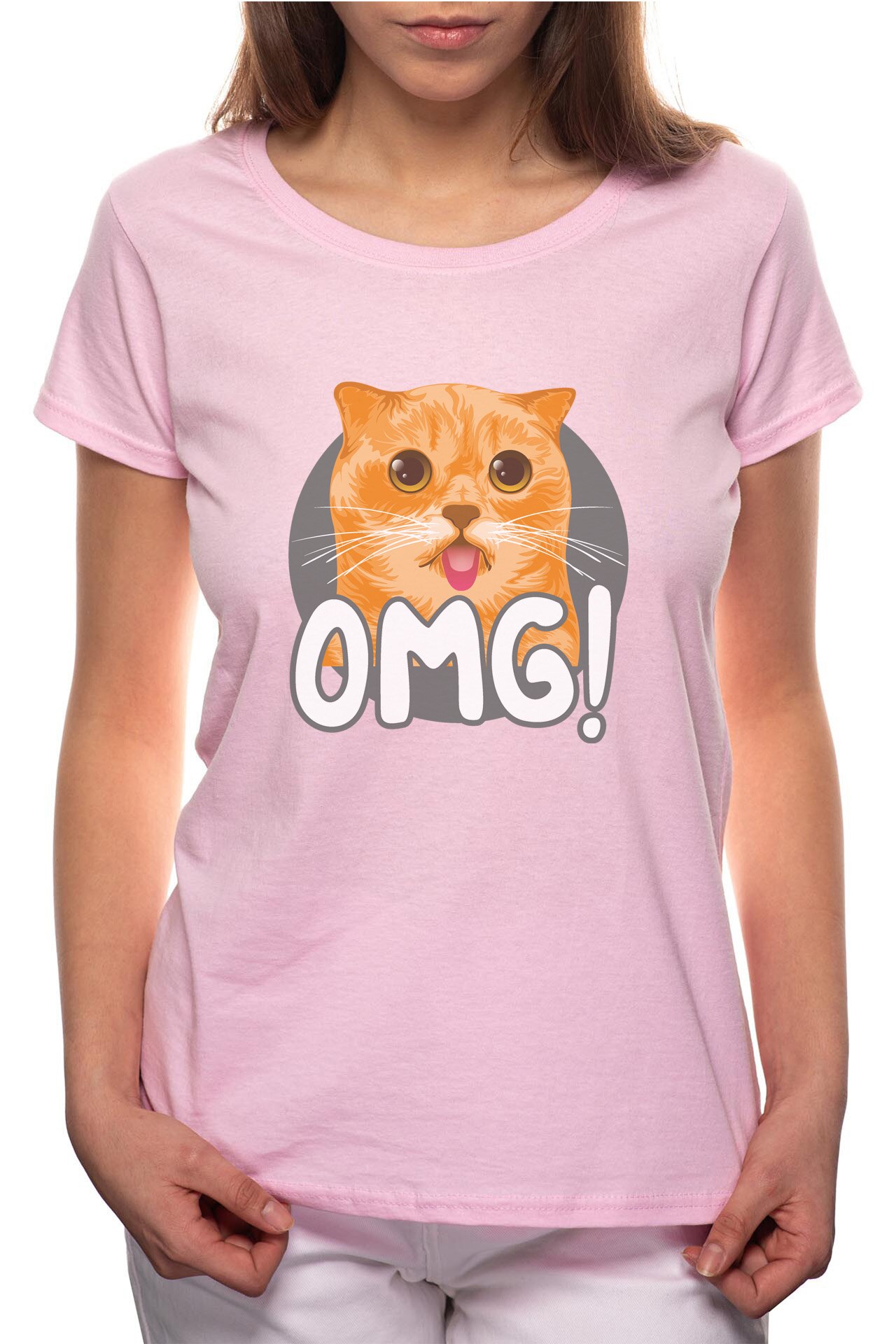 Tricou dama, OMG Cat, 100% Bumbac, W262, Roz