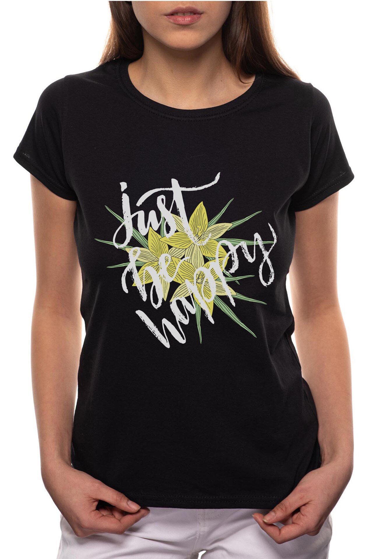 Tricou dama, Just Be Happy, 100% Bumbac, P263, Negru