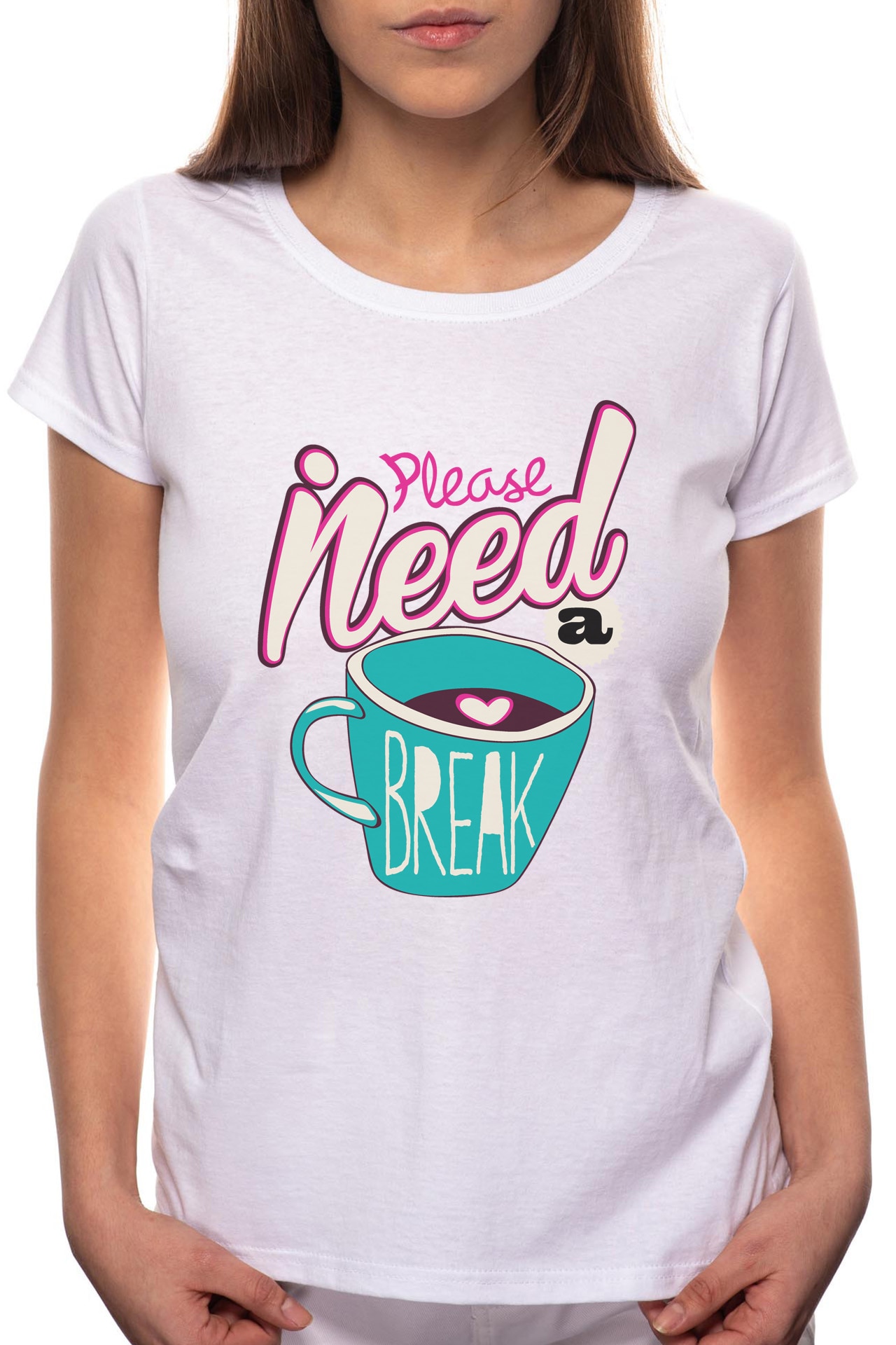 Tricou dama, I Need A Coffee Break, 100% Bumbac, W269, Alb