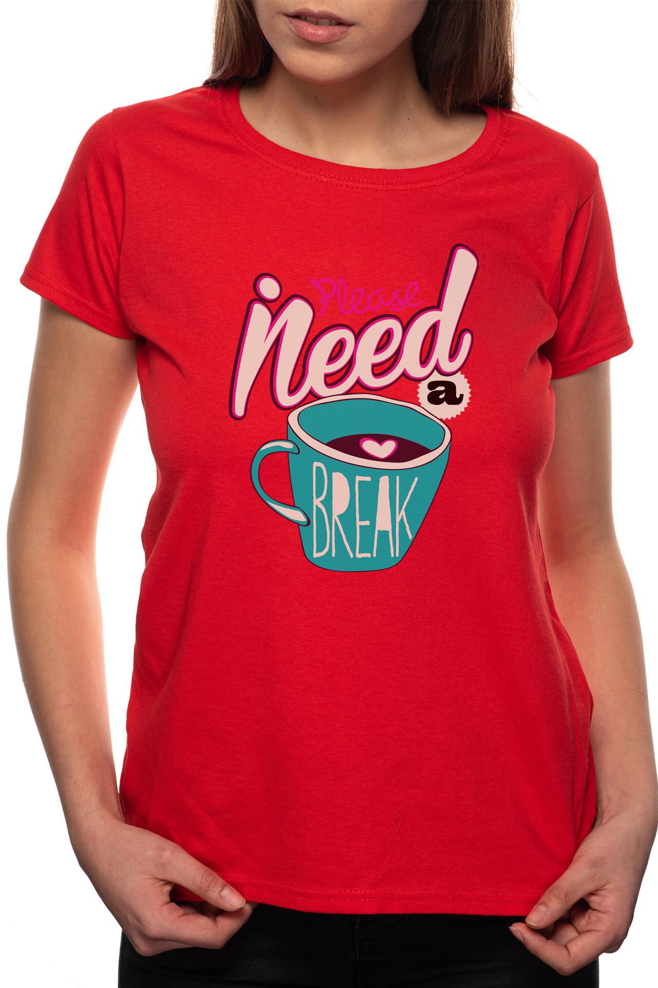 Tricou dama, I Need A Coffee Break, 100% Bumbac, W269, Rosu