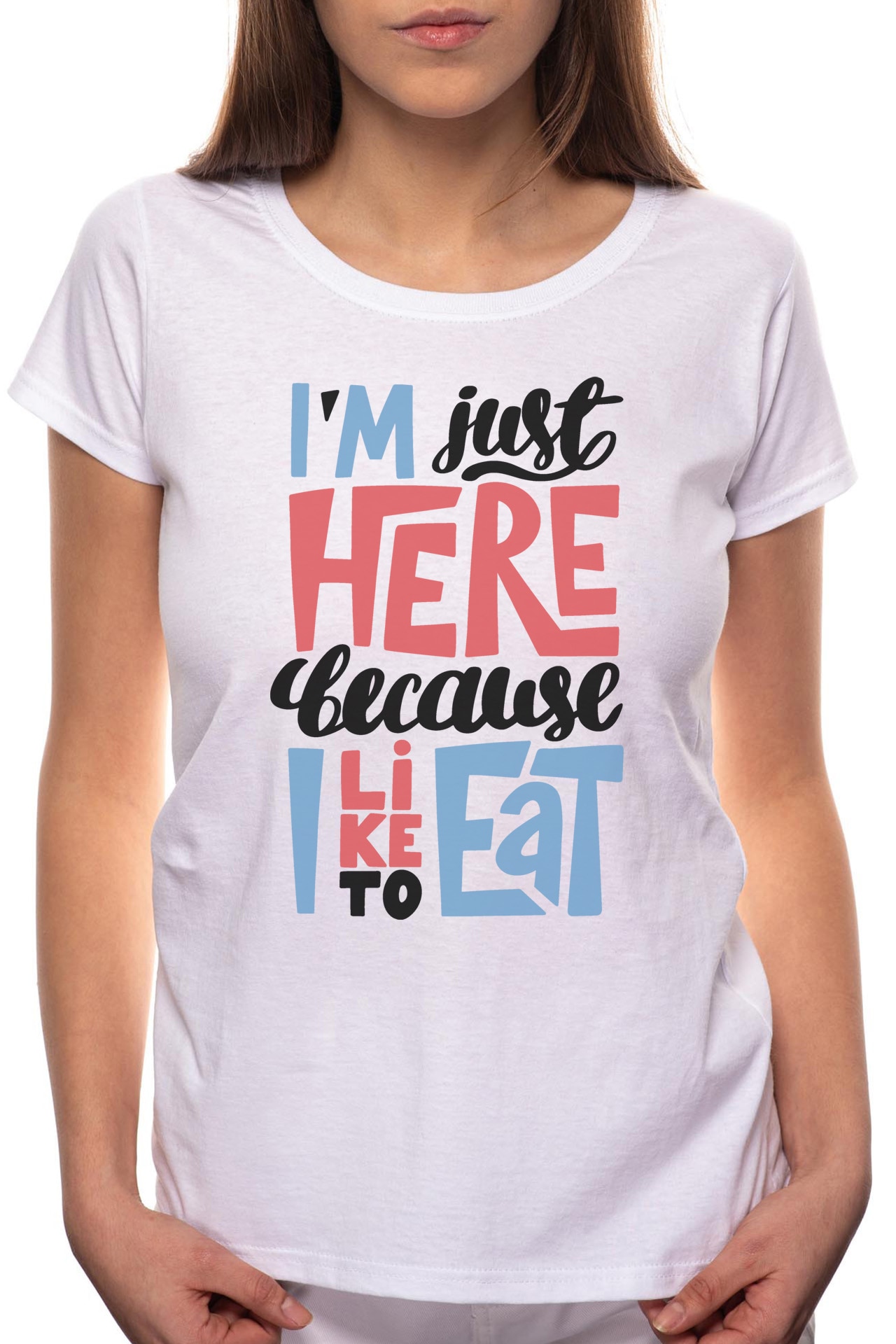 Tricou dama, I Like To Eat, 100% Bumbac, B276, Alb
