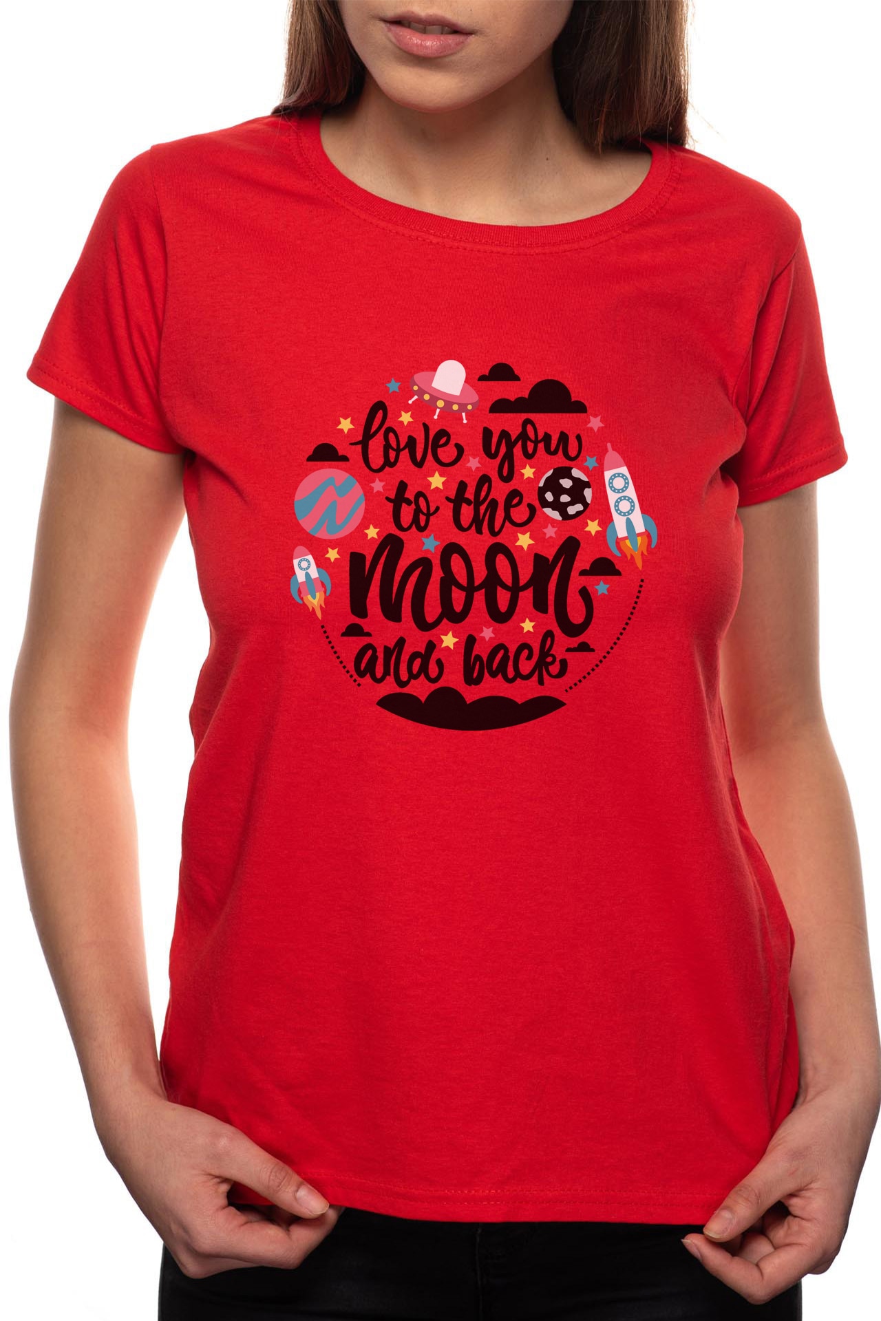 Tricou dama, To The Moon And Back, 100% Bumbac, BR278, Rosu