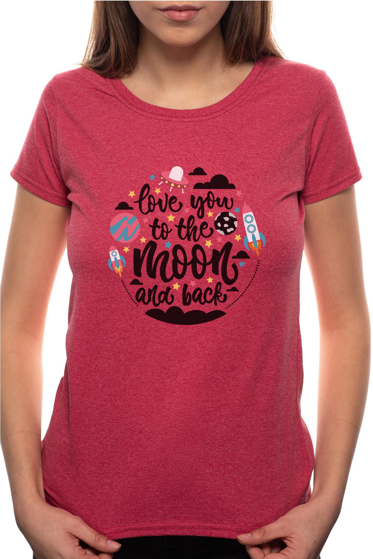 Tricou dama, To The Moon And Back, 100% Bumbac, BR278, Rosu Bordeaux