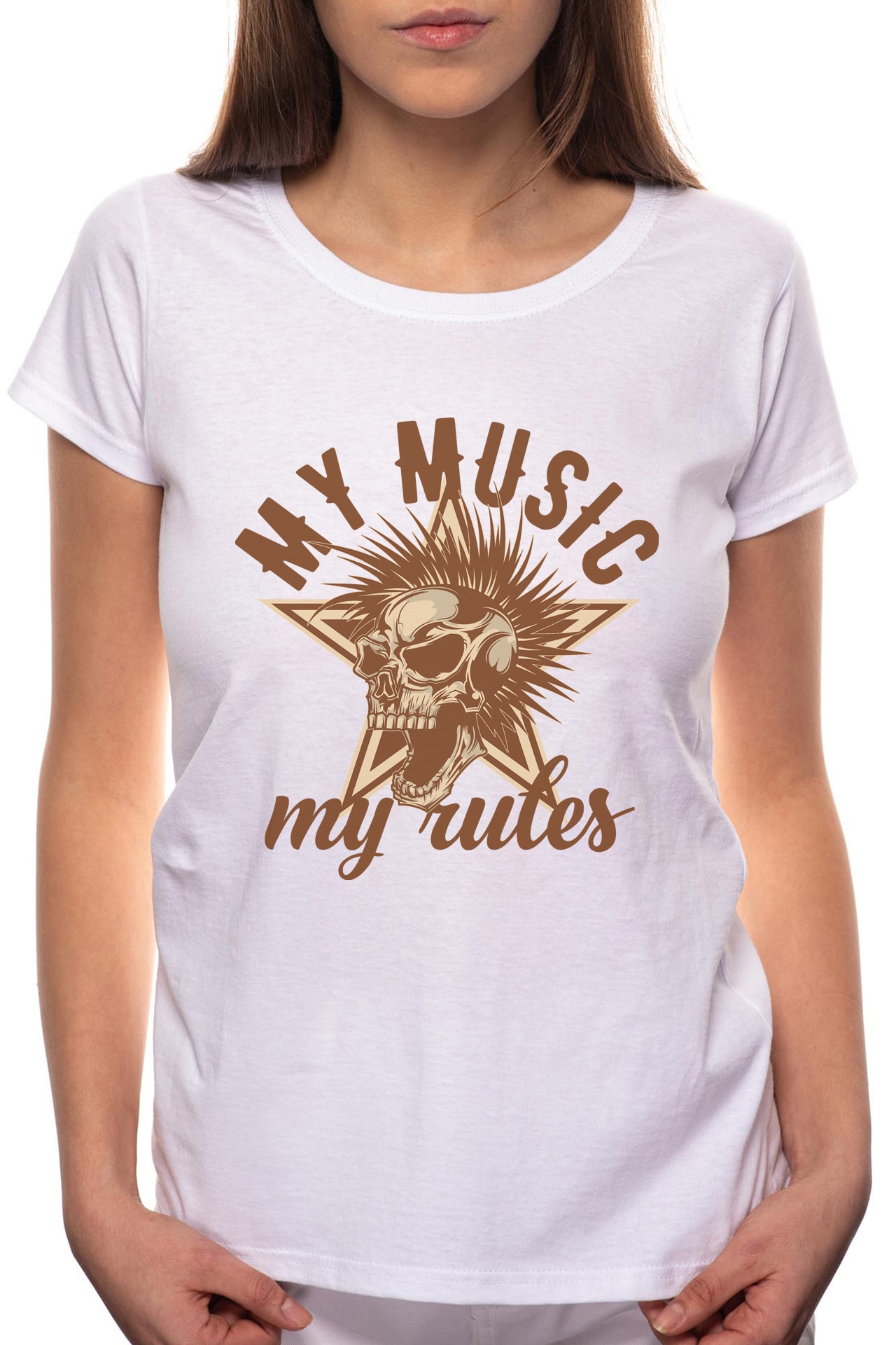 Tricou dama, My Music My Rules, 100% Bumbac, W296, Alb