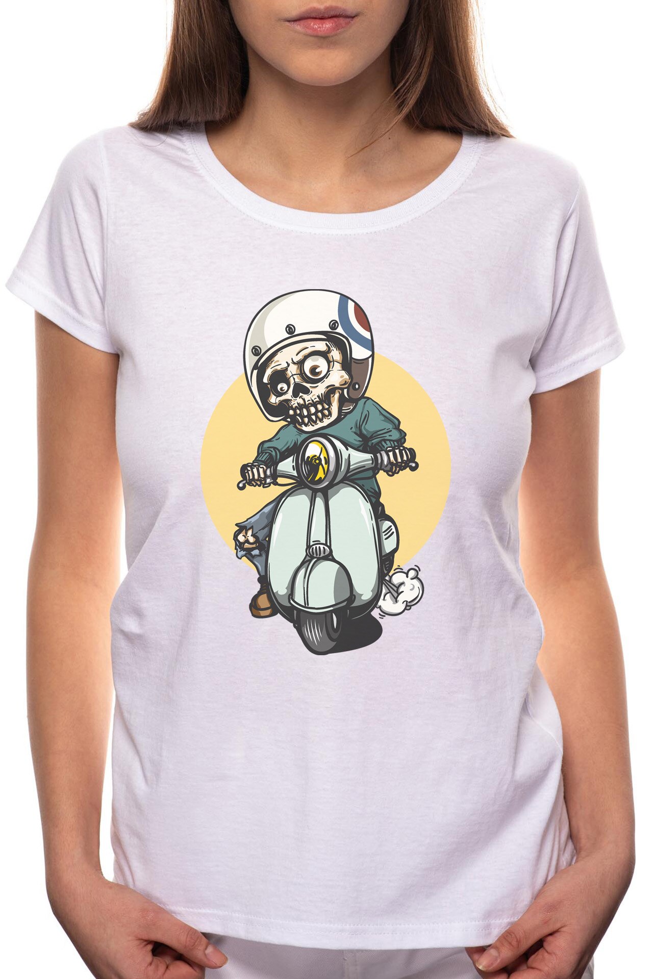 Tricou dama, Biker Skeleton, 100% Bumbac, B297, Alb