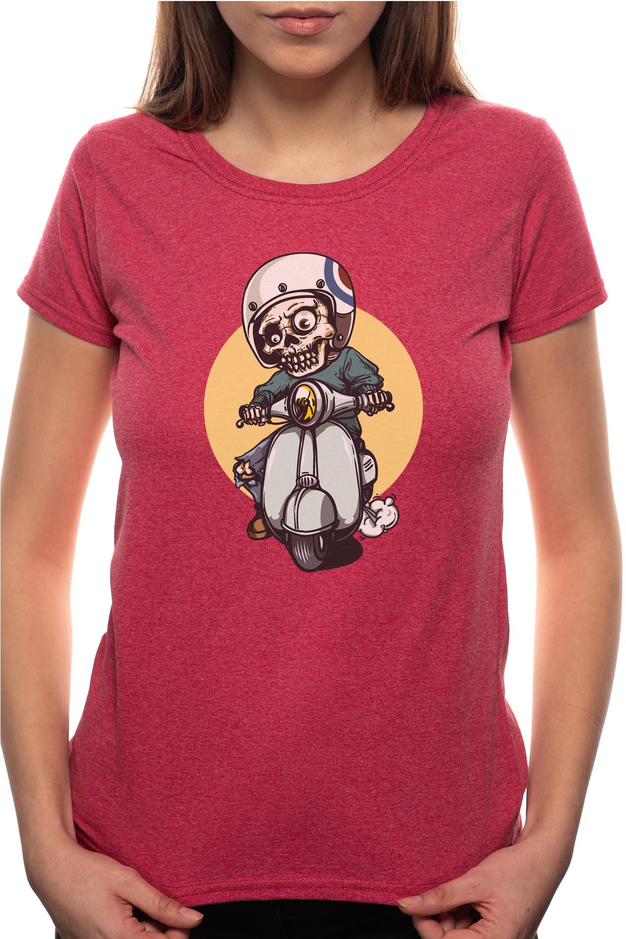 Tricou dama, Biker Skeleton, 100% Bumbac, B297, Rosu Bordeaux