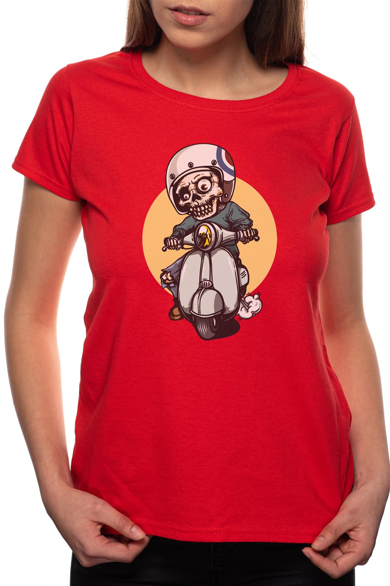 Tricou dama, Biker Skeleton, 100% Bumbac, B297, Rosu