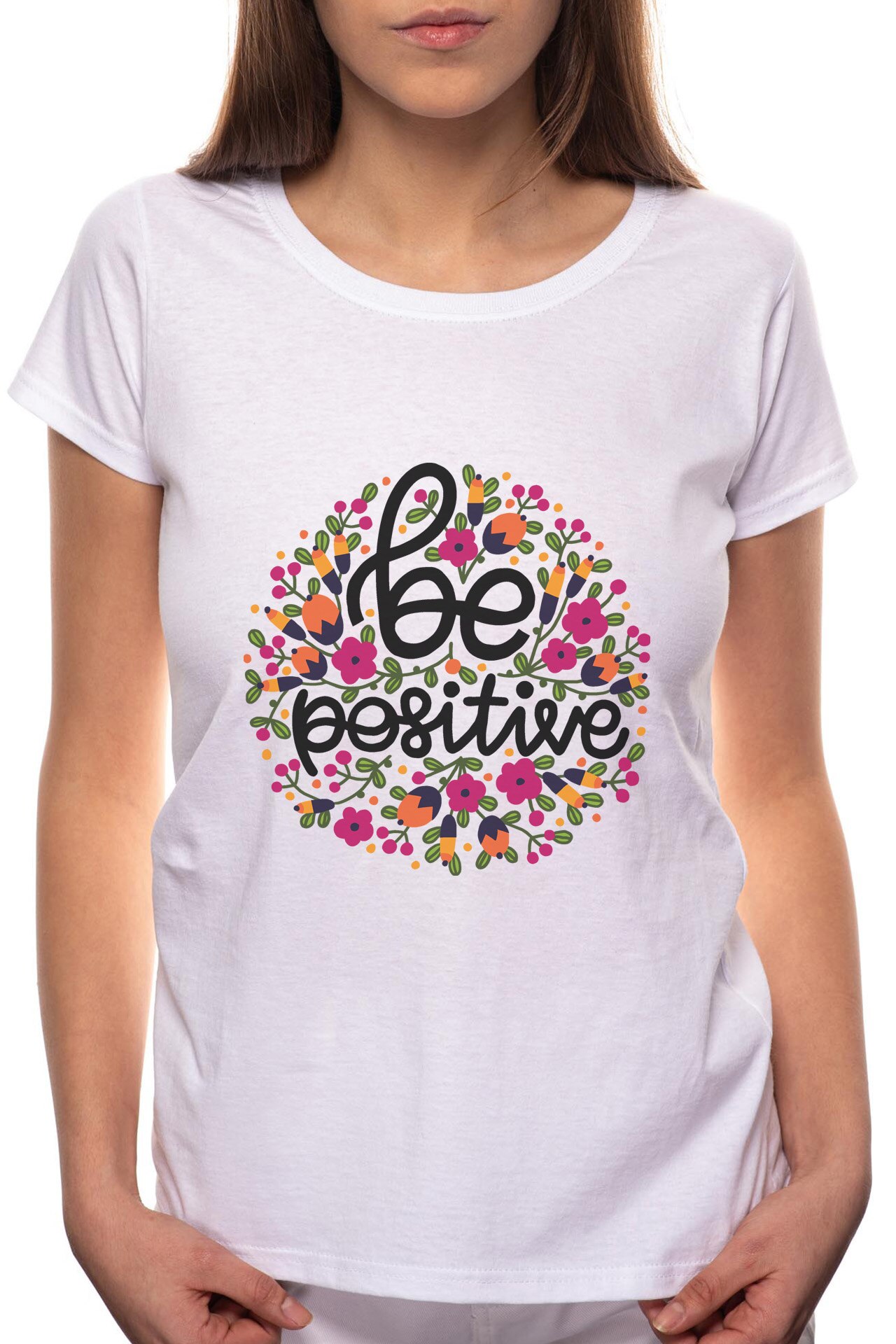 Tricou dama, Be Positive, 100% Bumbac, R300, Alb