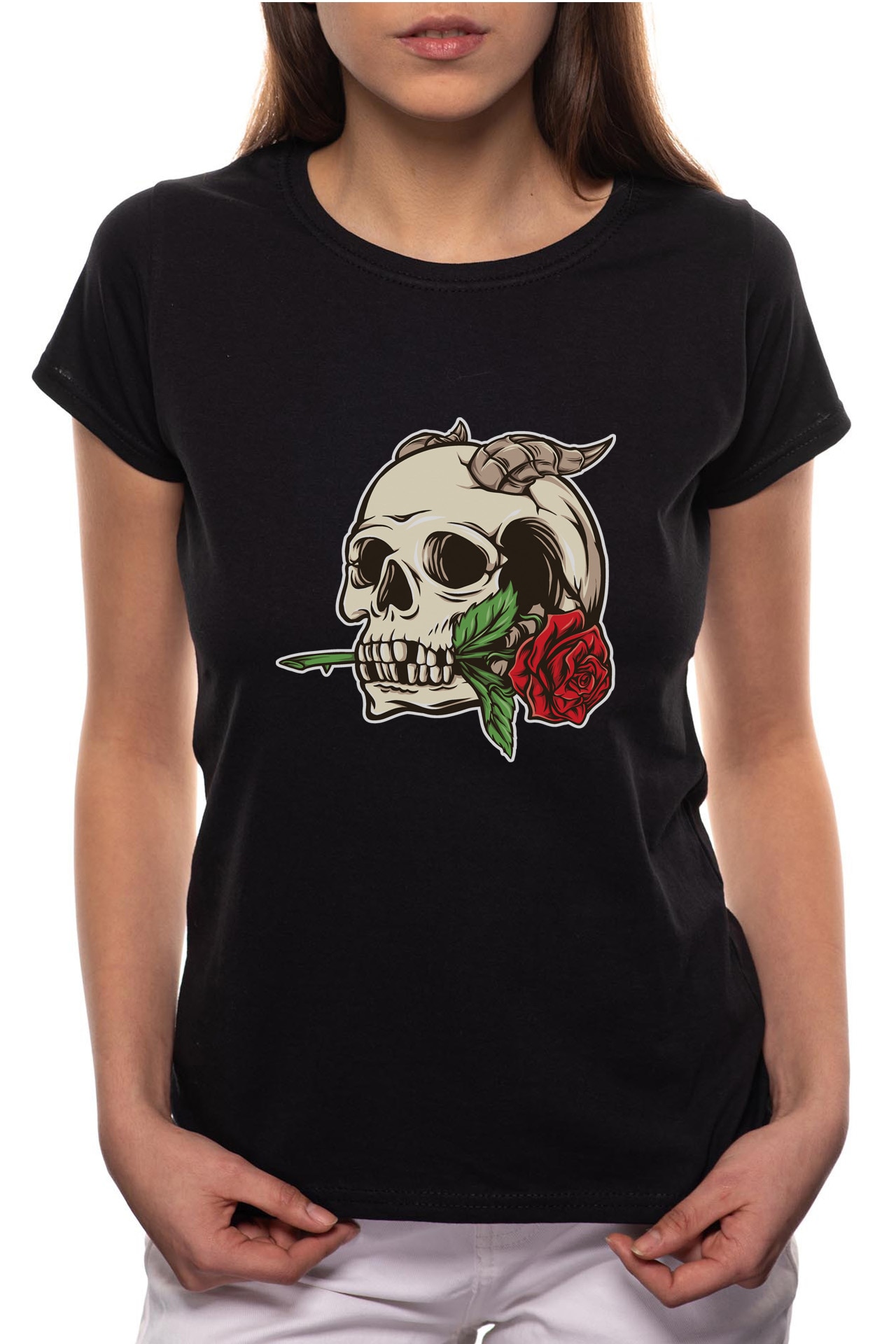Tricou dama, Rose In A Skeleton Mouth, 100% Bumbac, R306, Negru