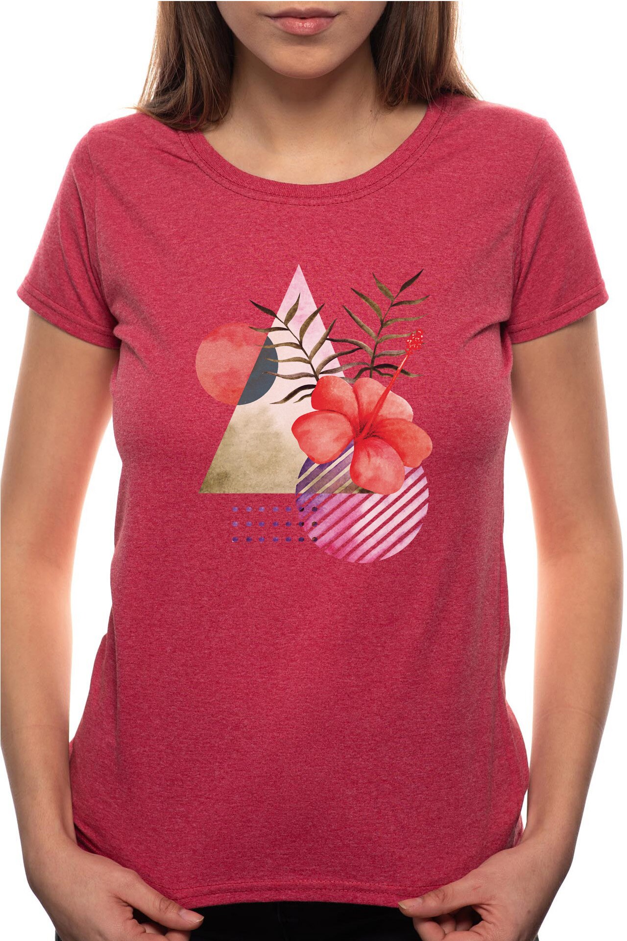 Tricou dama, Abstract Flower, 100% Bumbac, P307, Rosu Bordeaux