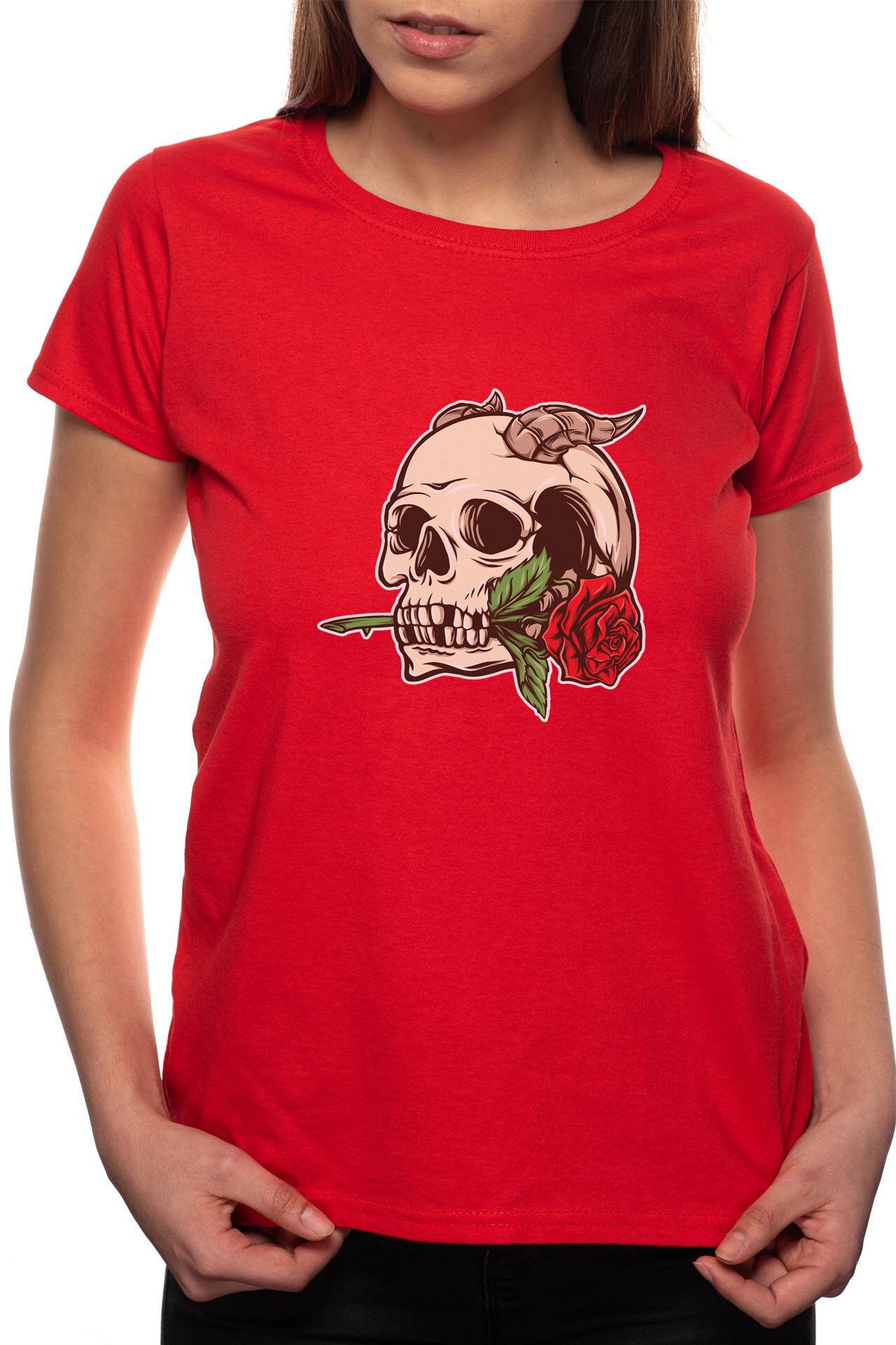 Tricou dama, Rose In A Skeleton Mouth, 100% Bumbac, R306, Rosu