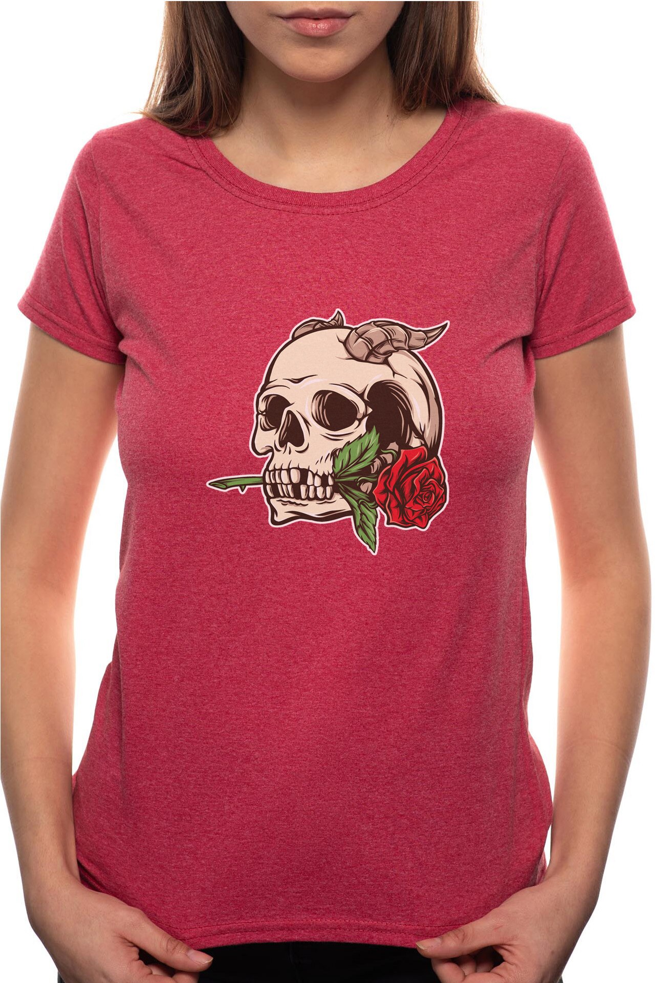 Tricou dama, Rose In A Skeleton Mouth, 100% Bumbac, R306, Rosu Bordeaux