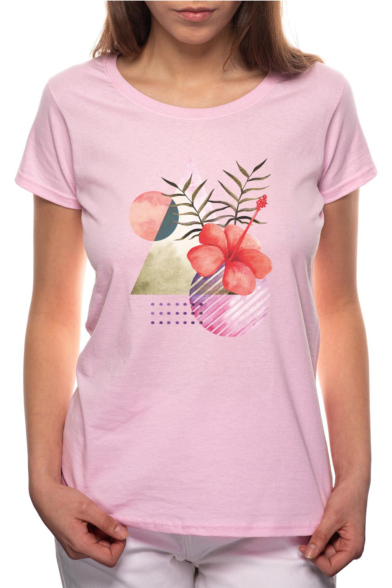 Tricou dama, Abstract Flower, 100% Bumbac, P307, Roz