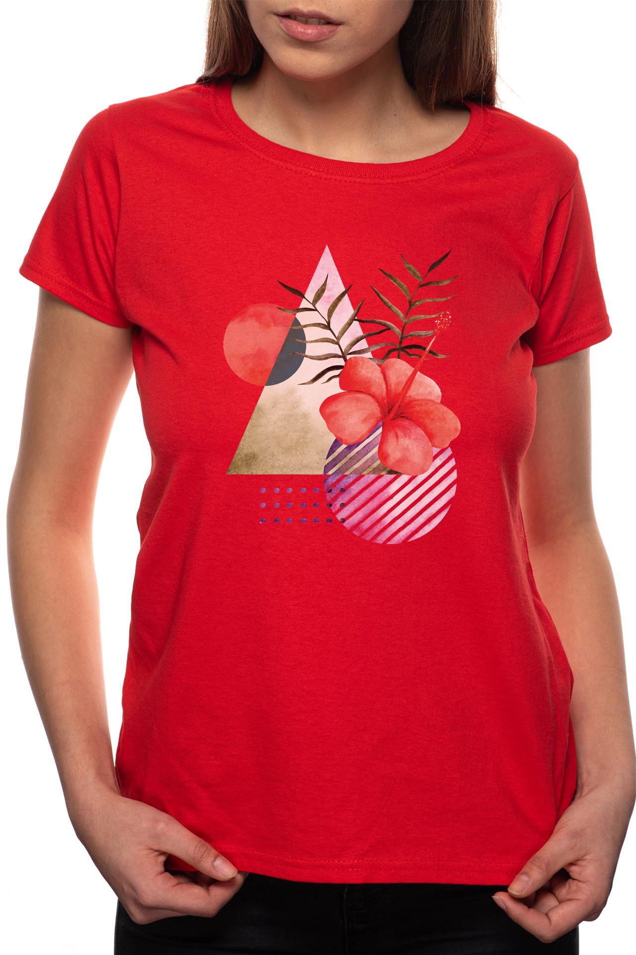 Tricou dama, Abstract Flower, 100% Bumbac, P307, Rosu