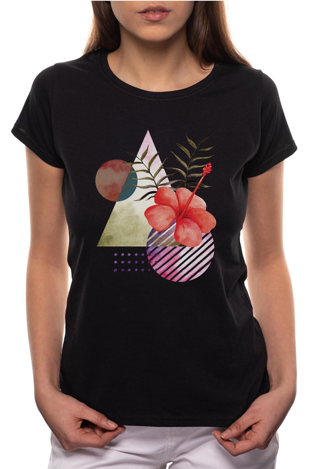 Tricou dama, Abstract Flower, 100% Bumbac, P307, Negru