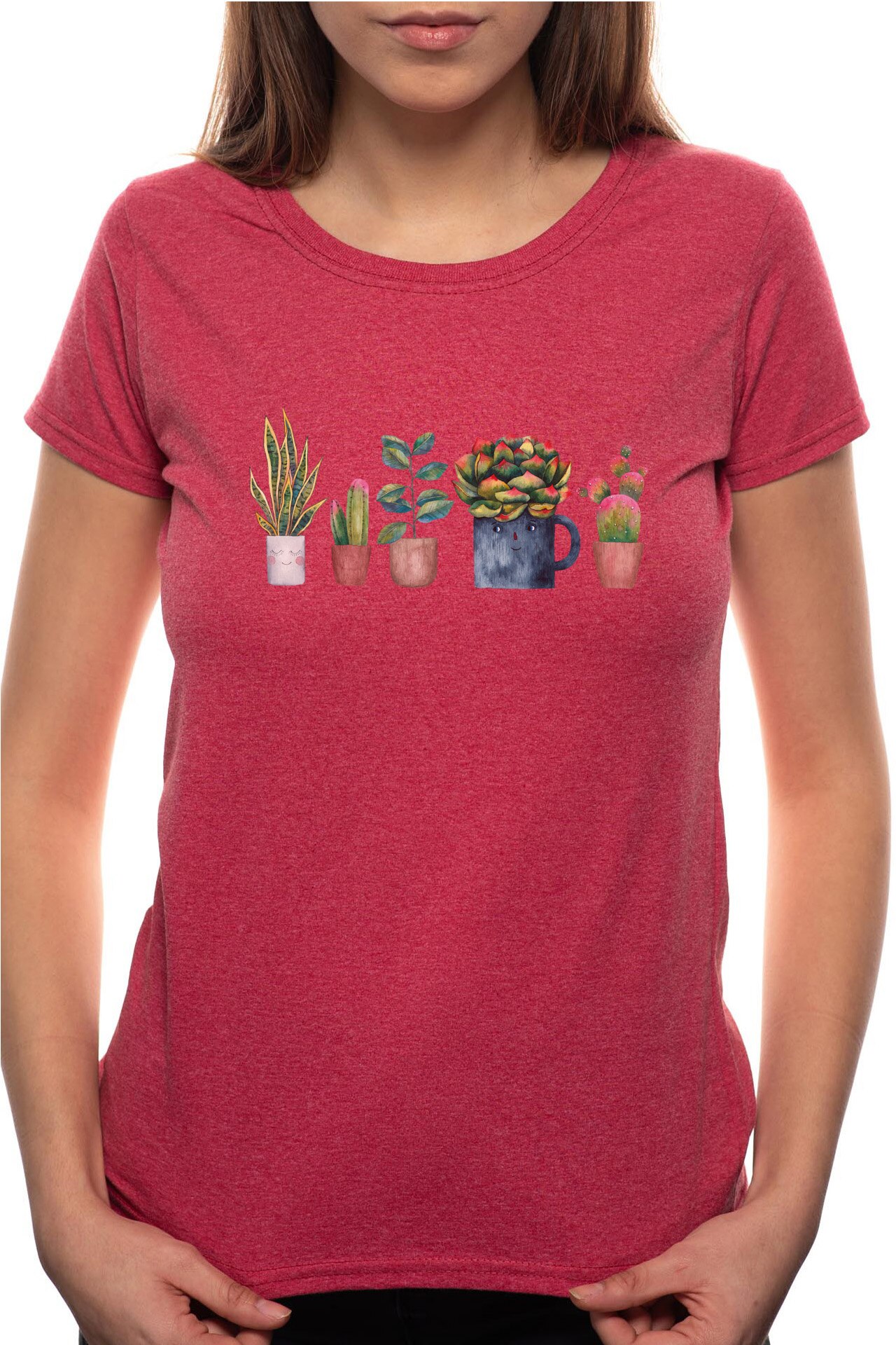 Tricou dama, Cactus Flowers, 100% Bumbac, B309, Rosu Bordeaux