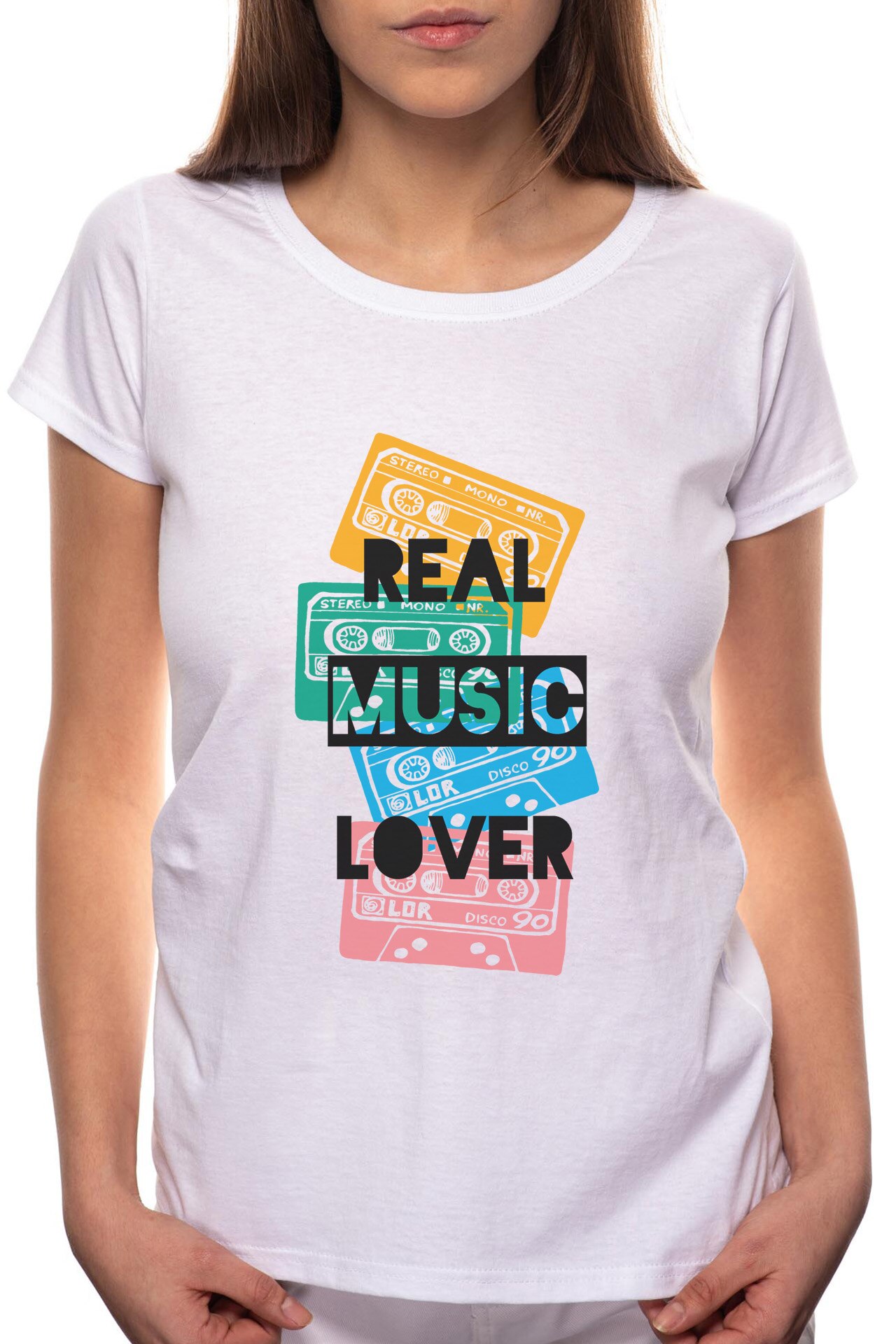 Tricou dama, Real Music Lover, 100% Bumbac, R312, Alb