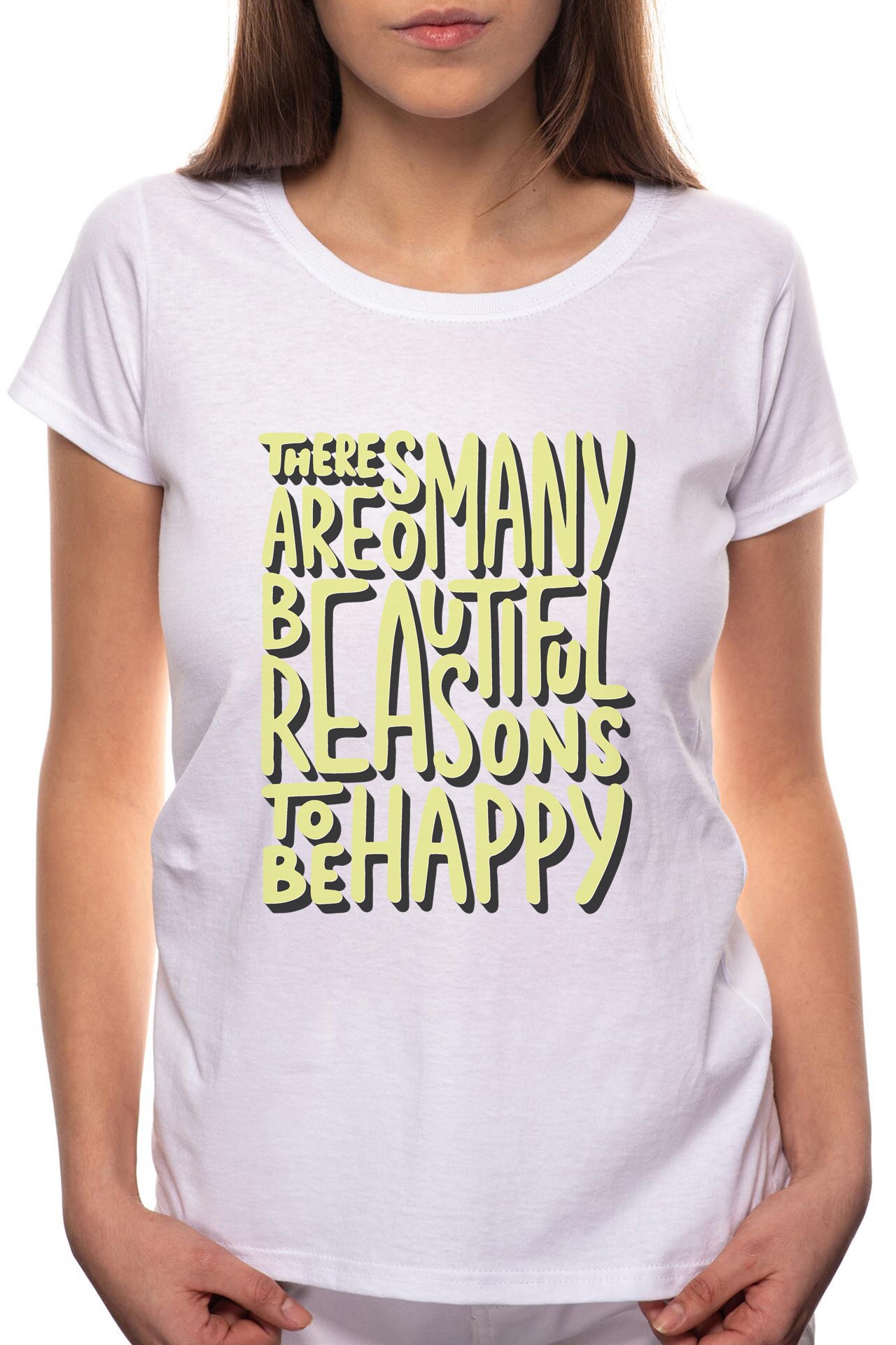 Tricou dama, Be Happy, 100% Bumbac, P316, Alb