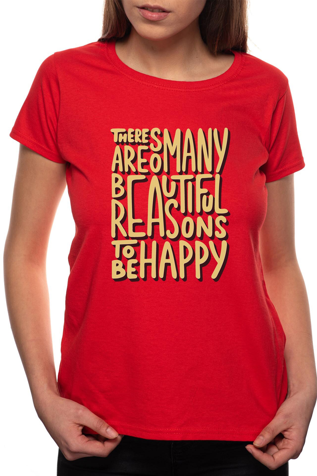 Tricou dama, Be Happy, 100% Bumbac, P316, Rosu