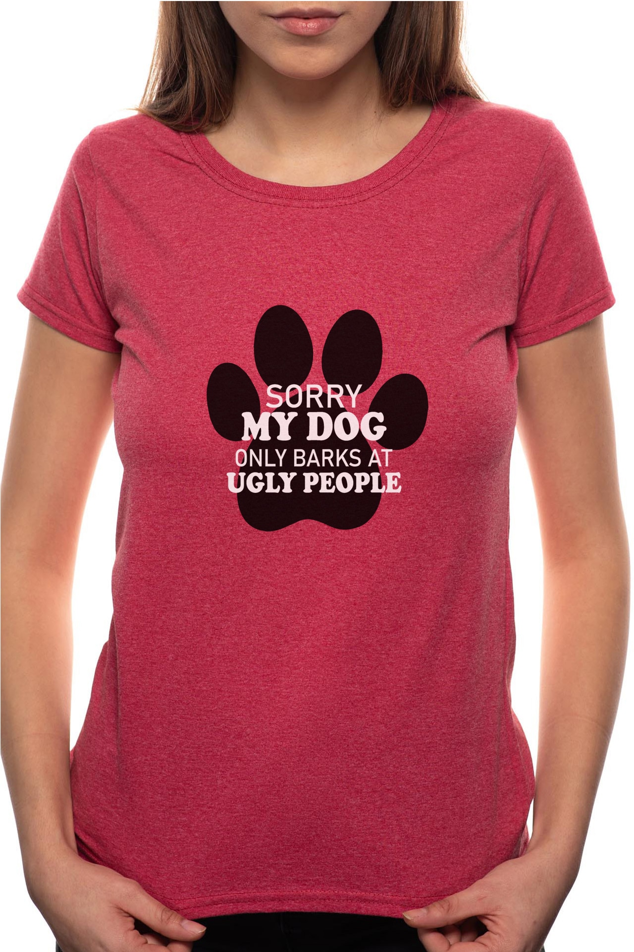 Tricou dama, My Dog Only Barks, 100% Bumbac, BR348, Rosu Bordeaux