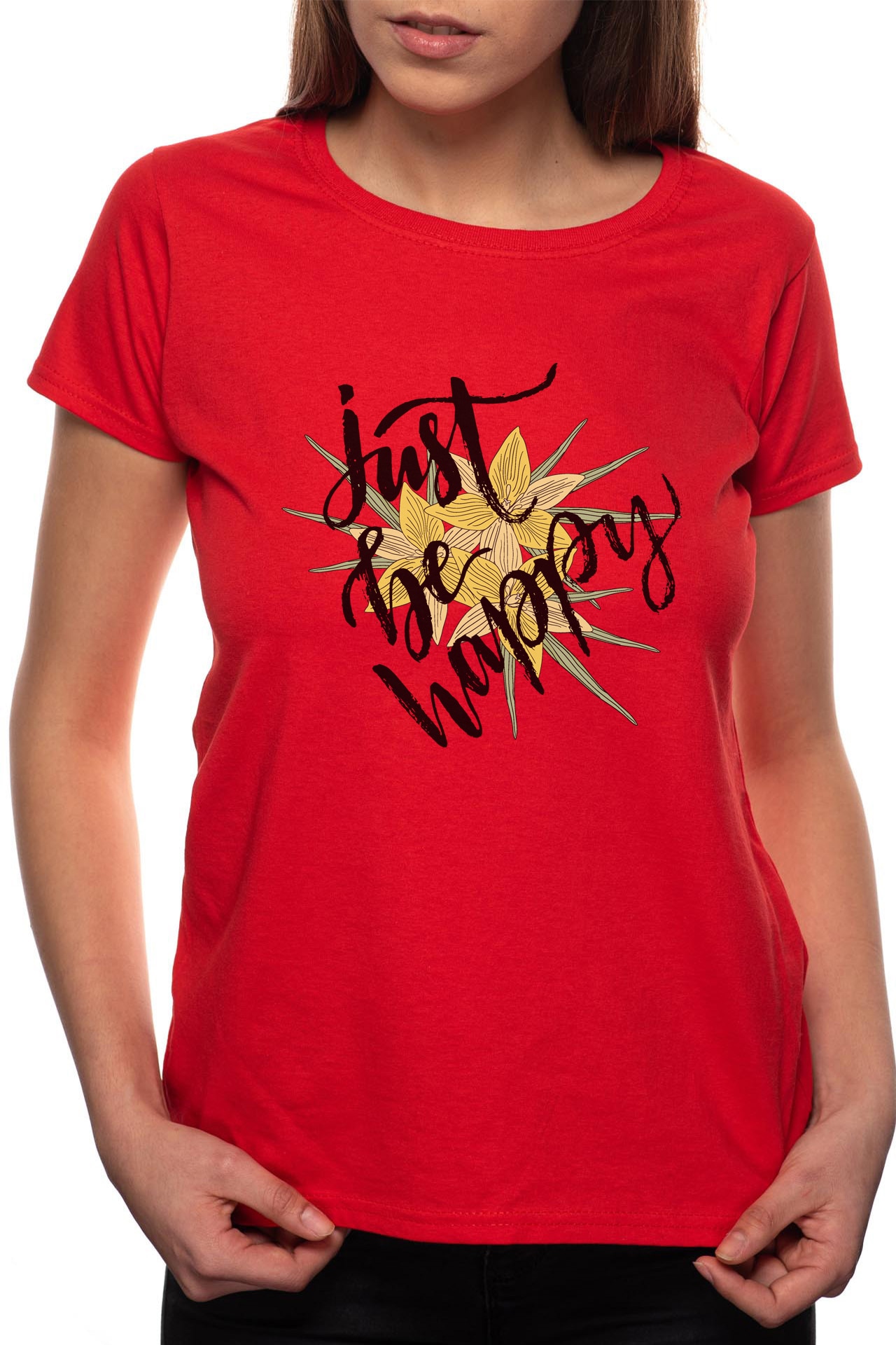 Tricou dama, Just Be Happy, 100% Bumbac, P263, Rosu