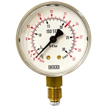 Manometru joasa presiune CO2/Ar, G1/4'', D63, Scala:0-32l/min Manometru joasa presiune CO2/Ar, G1/4'', D63, Scala:0-32l/min