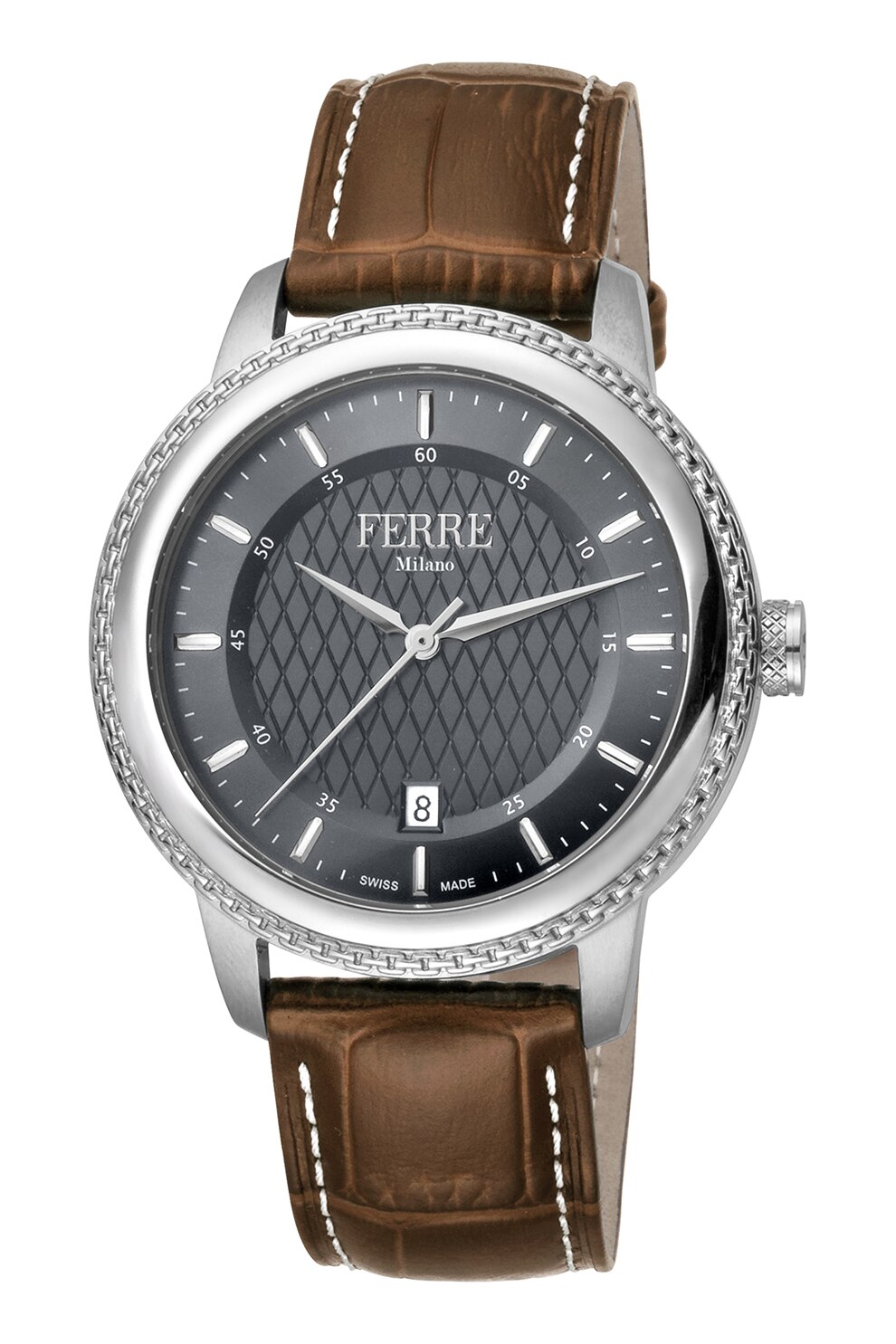 Ferre Milano, Ceas cu o curea de piele cu model piele de reptila, Maro/Argintiu