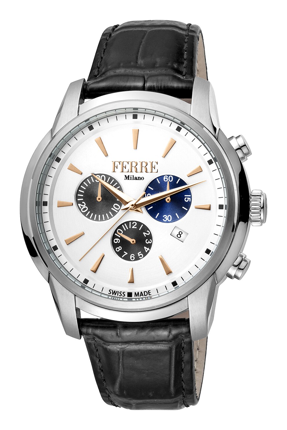 Ferre Milano, Ceas cronograf cu o curea de piele, Negru/Argintiu