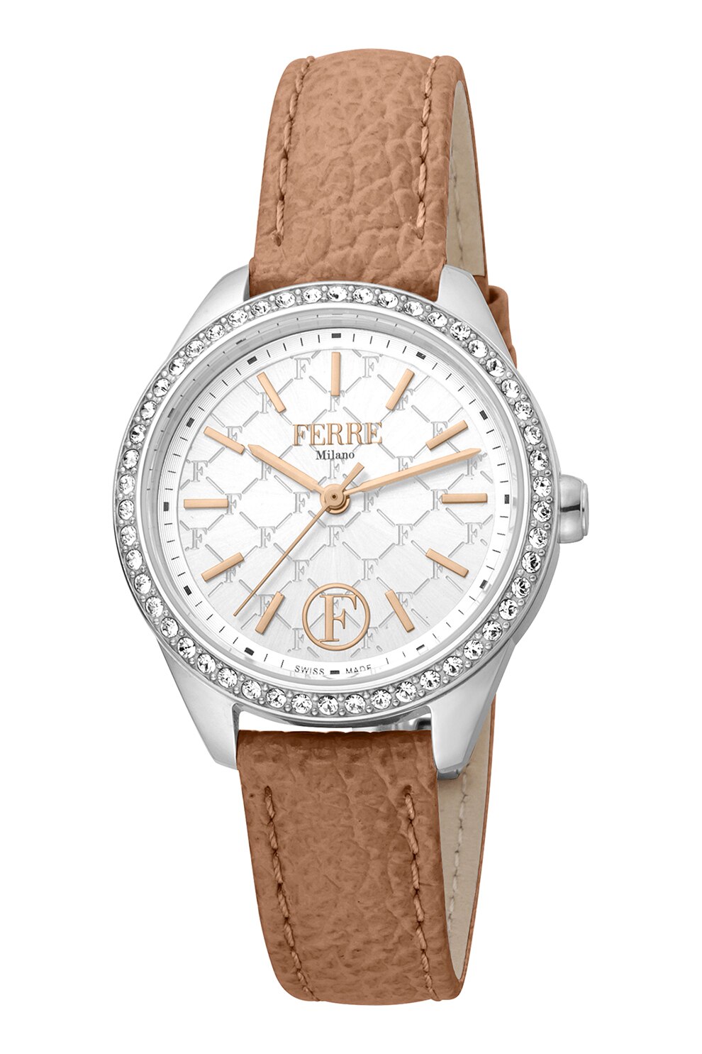 Ferre Milano, Ceas cu o curea de piele Swiss Made, oranj persan, argintiu