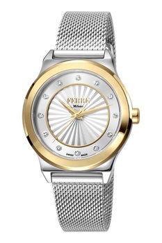 Ferre Milano, Ceas de otel inoxidabil decorat cu zirconia, Argintiu/Auriu Ferre Milano, Ceas de otel inoxidabil decorat cu zirconia, Argintiu/Auriu