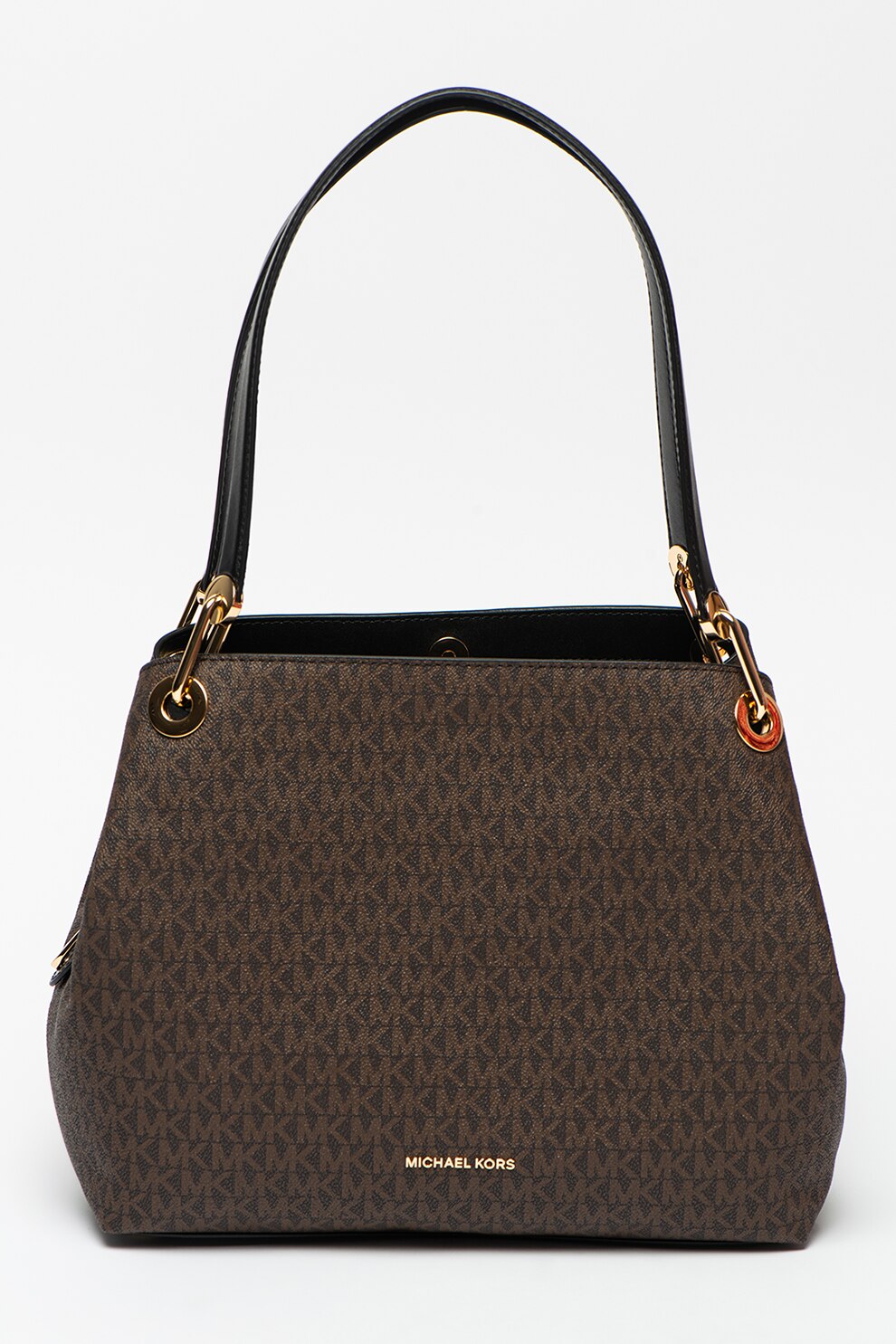 Michael Kors, Geanta de piele ecologica cu bareta de umar si model logo Raven, Negru/Maro inchis