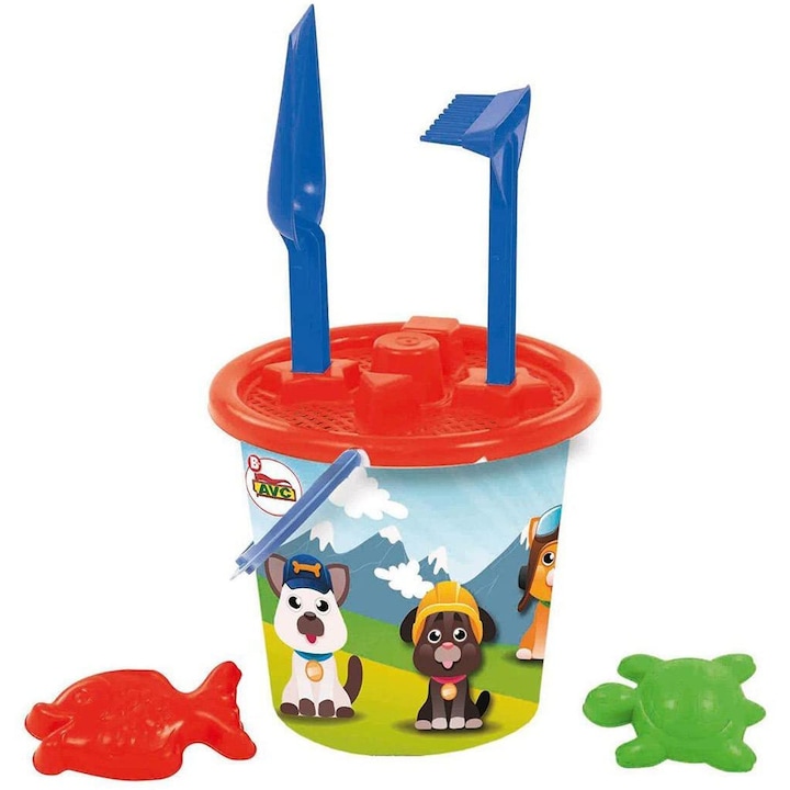 Set joaca pentru nisip, Chippo, Plastic, AVC Pat Perro, Galeata si accesorii, 20cm, Multicolor