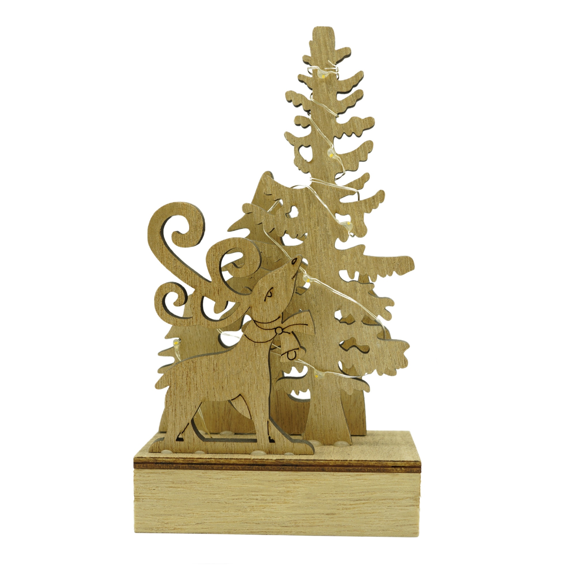 Decoratiune luminoasa, peisaj cu Cerb si Brad, maro, lungime 11 cm, latime 5 cm, inaltime 19 cm, lemn, interior/exterior