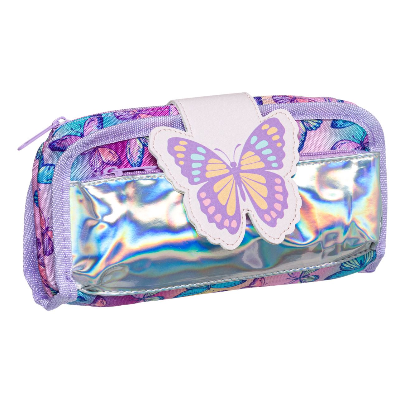 Penar Zola® holografic pentru fete, 22.5x5x14 cm, model fluture cu fermoar si glitter
