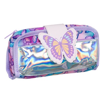 Penar Zola® holografic pentru fete, 22.5x5x14 cm, model fluture cu fermoar si glitter Penar Zola® holografic pentru fete, 22.5x5x14 cm, model fluture cu fermoar si glitter