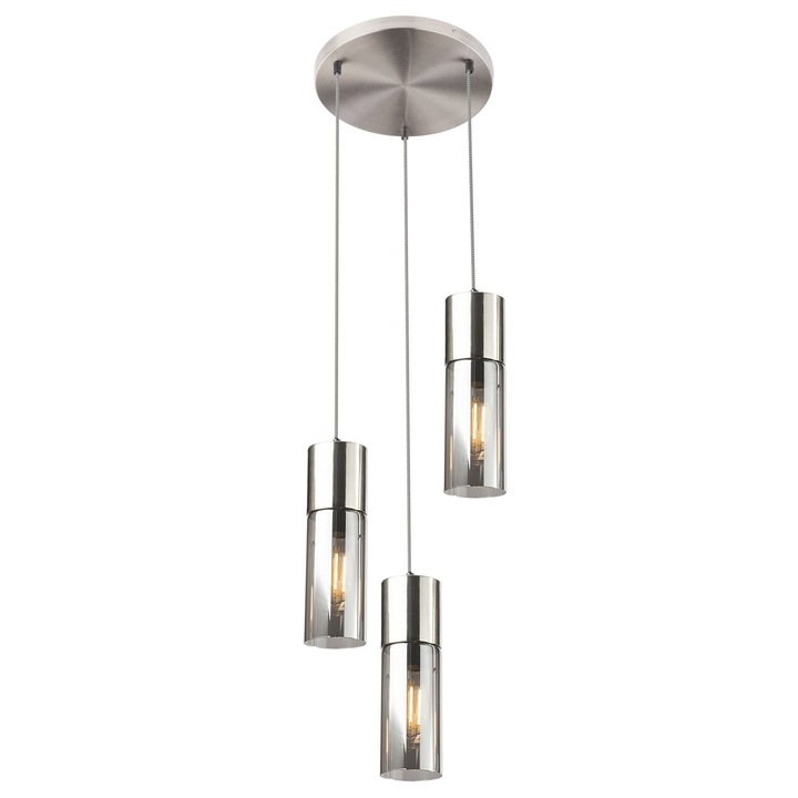 DacEnergy© окачване, метална конструкция и стъклени абажури, 3 източника с фасунги E27, 25 W, модерен дизайн, 300 x 1500 mm, никел и опушен