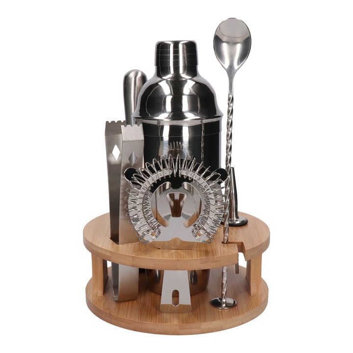 Set profesional barman complet 10 piese, otel inoxidabil premium 304, agitator cocktail 750ml argintiu cu jigger, muddler, filtru, lingura bar, cleste gheata, 2 dozatoare si stand elegant. Kit accesorii bar pentru acasa, restaurant sau