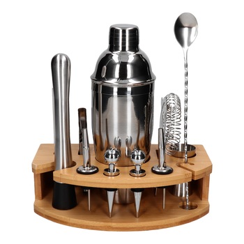 Kit pentru barmani 12 piese, otel inoxidabil, agitator 750 ml argintiu, stand Kit pentru barmani 12 piese, otel inoxidabil, agitator 750 ml argintiu, stand