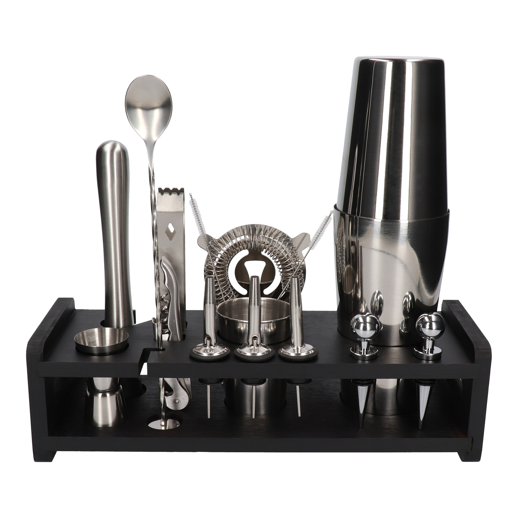 Kit pentru barmani 17 piese, otel inoxidabil, Boston agitator argintiu, stand negru