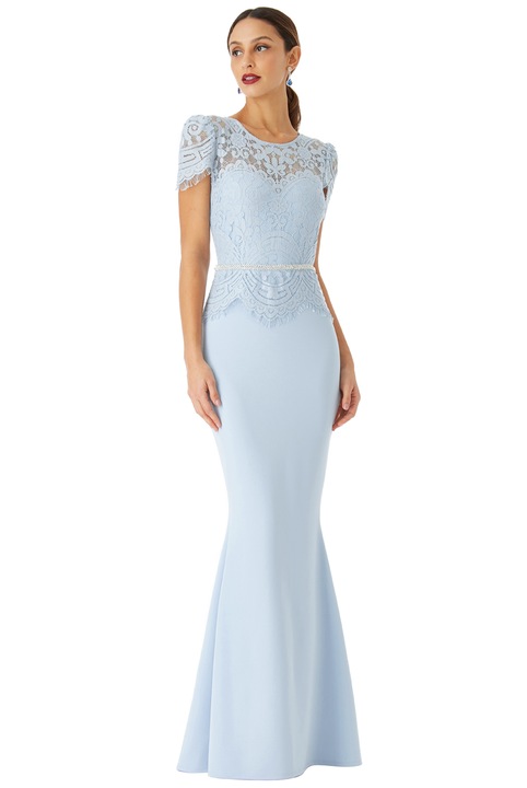 Rochie elastica, cu bust din dantela si curea ornament, Albastru deschis