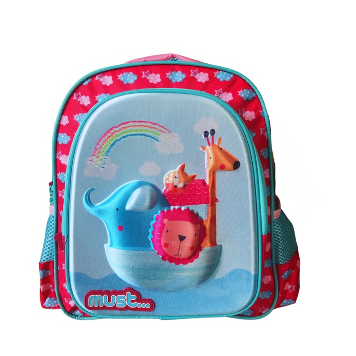 Ghiozdan pentru copii, cu animale, multicolor, 2 compartimente cu fermoar, 2 buzunare