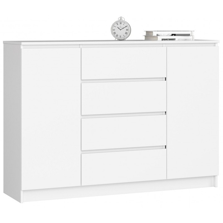 Comoda K Akord Furniture Factory, 2 usi, 4 sertare, PAL, 138 x 99 x 40 cm, Alb