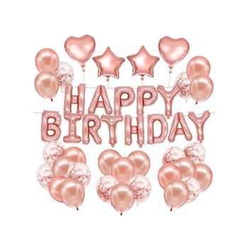 Set 34 baloane pentru petrecere, aniversare happy birthday - roz metal Set 34 baloane pentru petrecere, aniversare happy birthday - roz metal