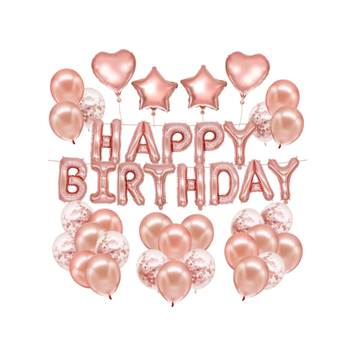 Set 34 baloane pentru petrecere, aniversare happy birthday - roz metal