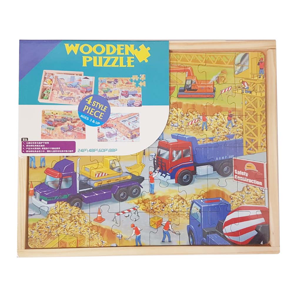 Puzzle 4 in 1 in cutie din lemn, 220 piese, Vehicule de santier, WD9008-C RCO®