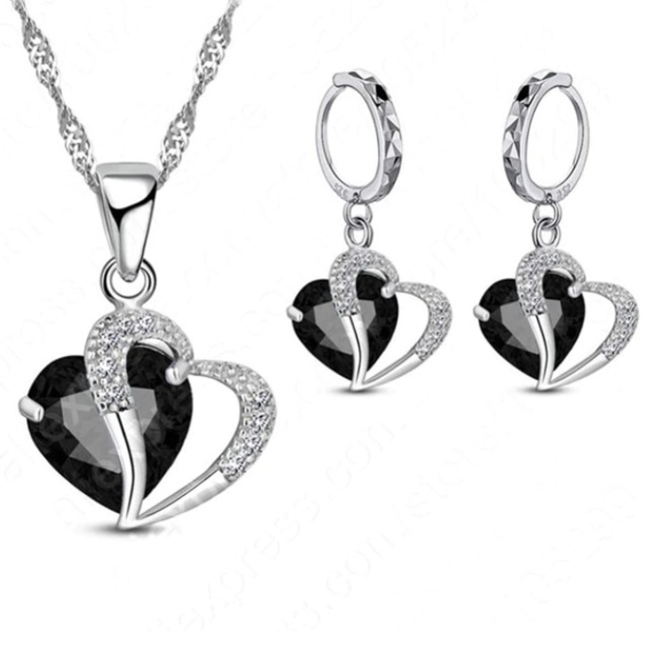 Set bijuterii, lantisor cu pandantiv si cercei, CRM, argintiu, forma inima, cristal negru si zirconiu