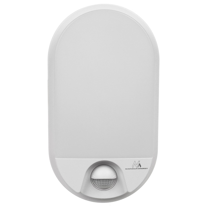 Lampa LED cu senzor PIR, Maclean MCE340 W, 15W 1100lm, lumina naturala 4000K, IP54, detectare miscare 9m, unghi 140°, temporizare 10s-5min, 220-240V 50/60Hz, interior/exterior