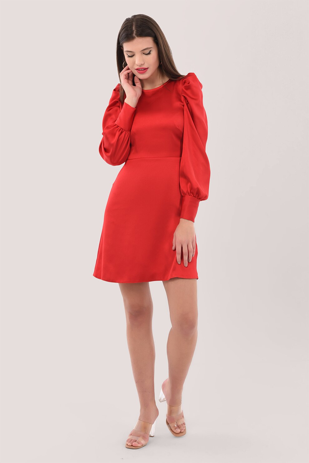 Closet LONDON, Rochie mini de satin cu maneci bufante, Rosu vermilion