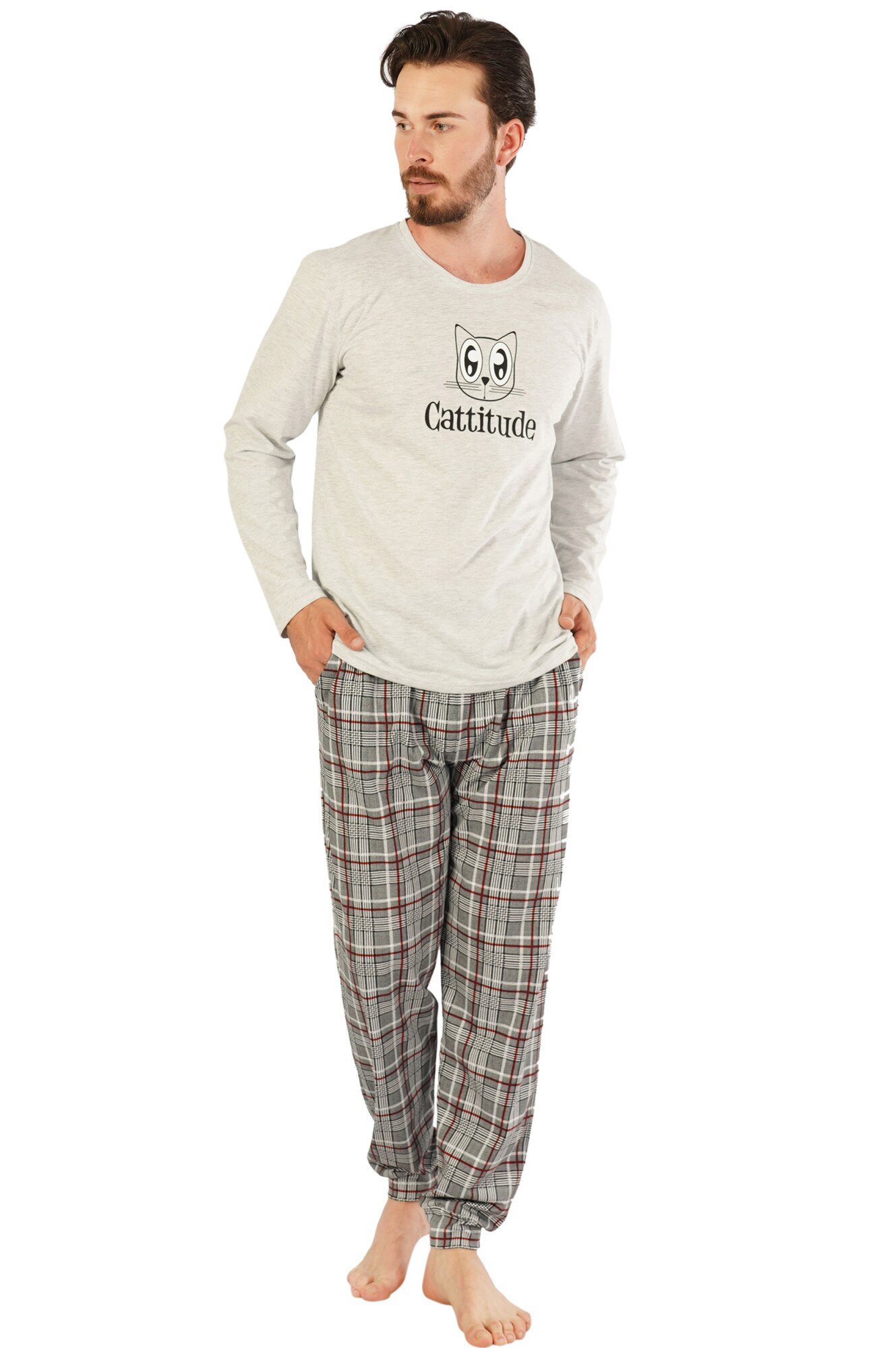 Pijama barbati Gazzaz by Vienetta, model Cattitude , gri melange