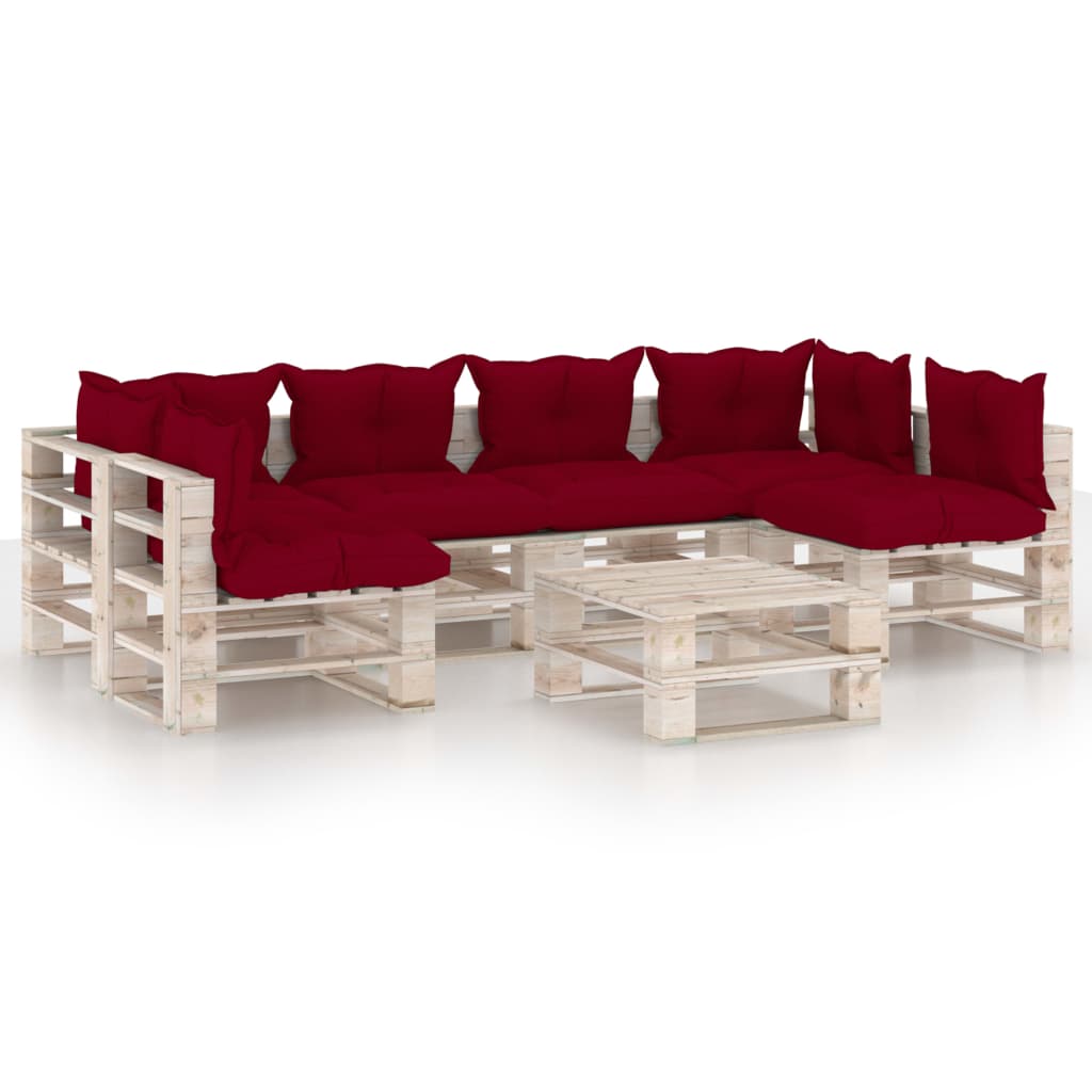 Set mobilier de gradina din paleti cu 7 piese cu perne vidaXL, Lemn, Rosu vin